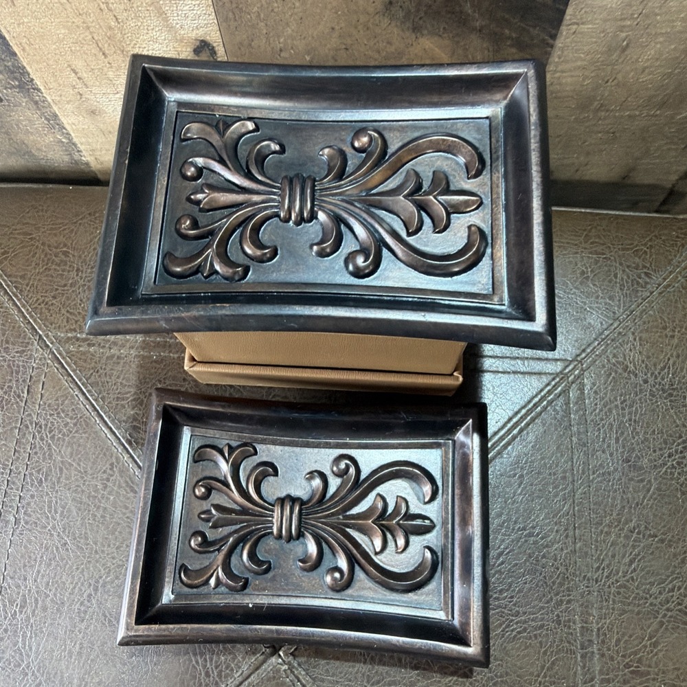 Bronze Resin Fleur De Lis Soap Trinket Dish Set Small Decorative Trays Vintage